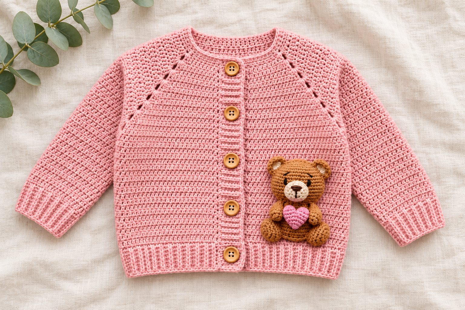 Blush pink crochet baby cardigan with five wooden buttons and a caramel teddy holding a pink heart.