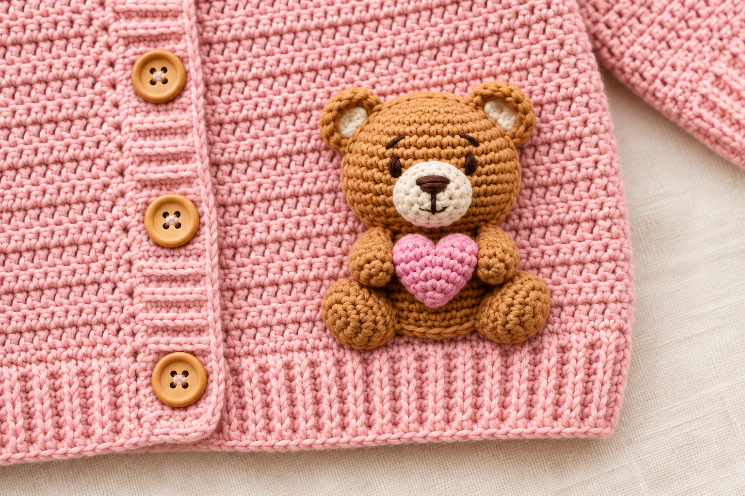 Detail styling illustration of a caramel crochet teddy with a pink heart on blush pink fabric.